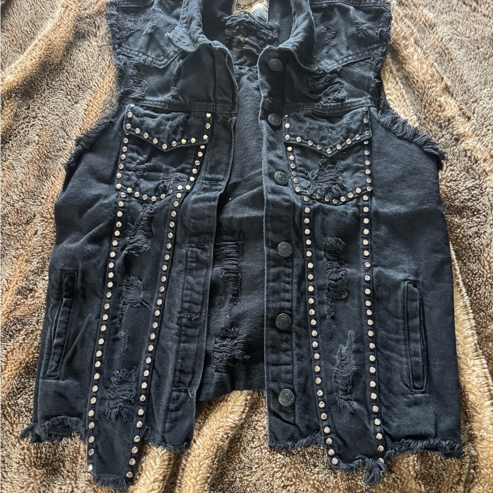 Lezalez distressed Studded Black Denim Vest